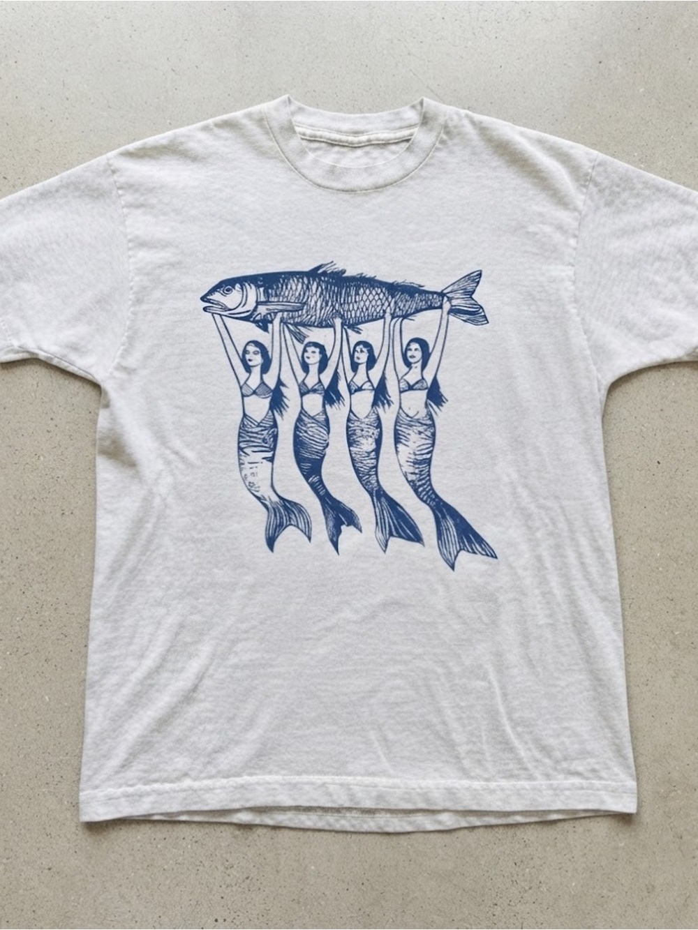 White Gildan T-Shirt with Blue Mermaid Fish Graphic Tee
